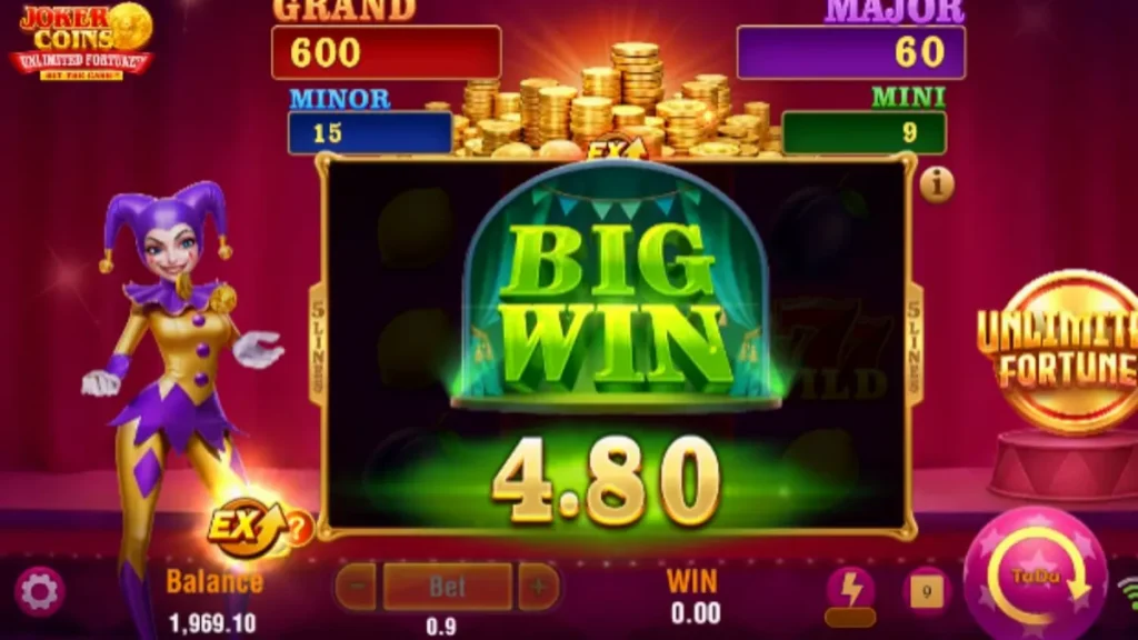 Joker Coins Unlimited Fortune slot machine interface featuring neon fruit symbols and golden coins.
