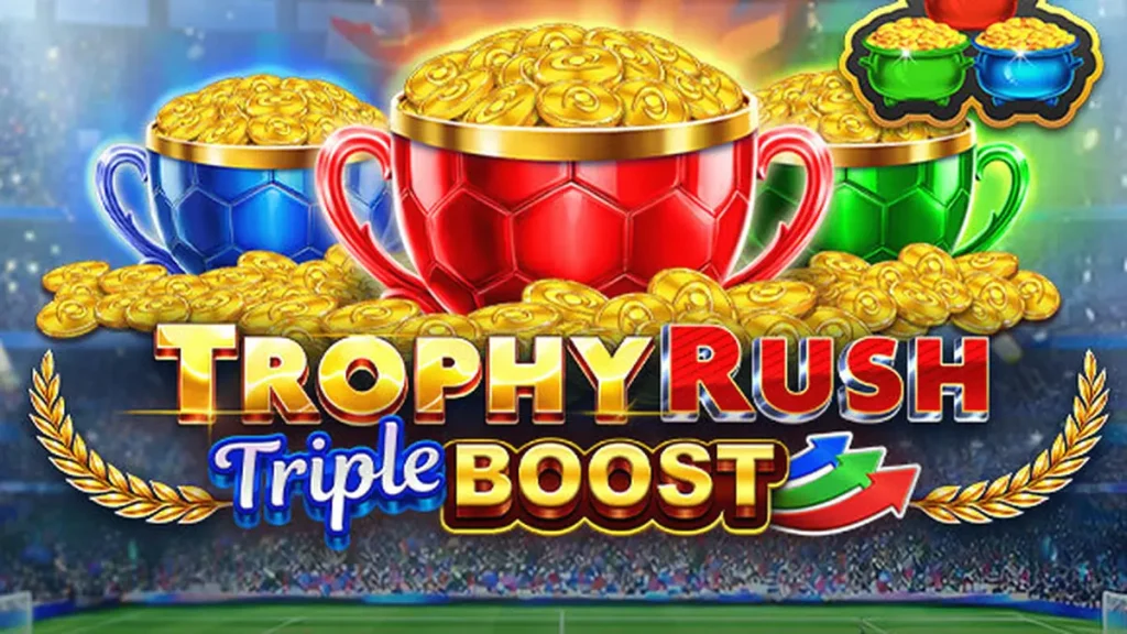 Trophy Rush Triple Boost slot game interface featuring golden coins and stadium theme
