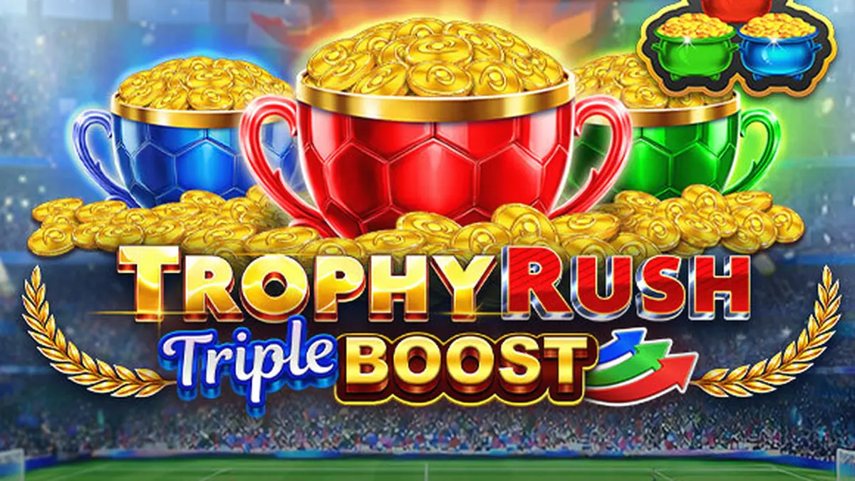 Trophy Rush Triple Boost slot game interface featuring golden coins and stadium theme