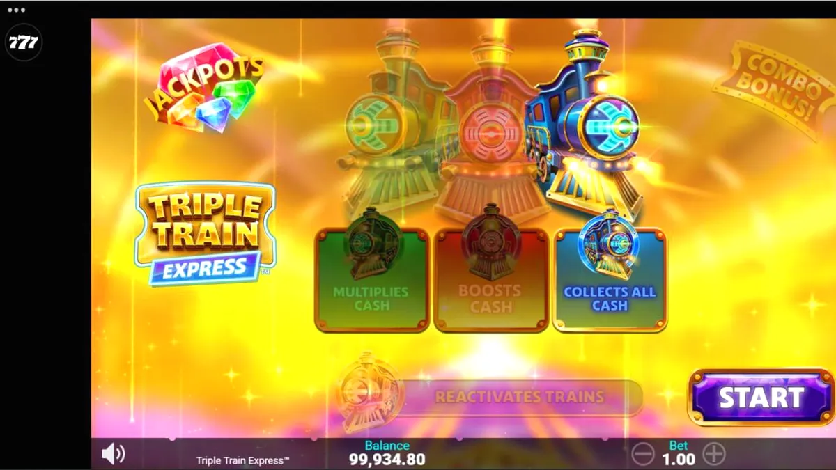 Tampilan visual futuristik slot Triple Train Express dengan nuansa neon