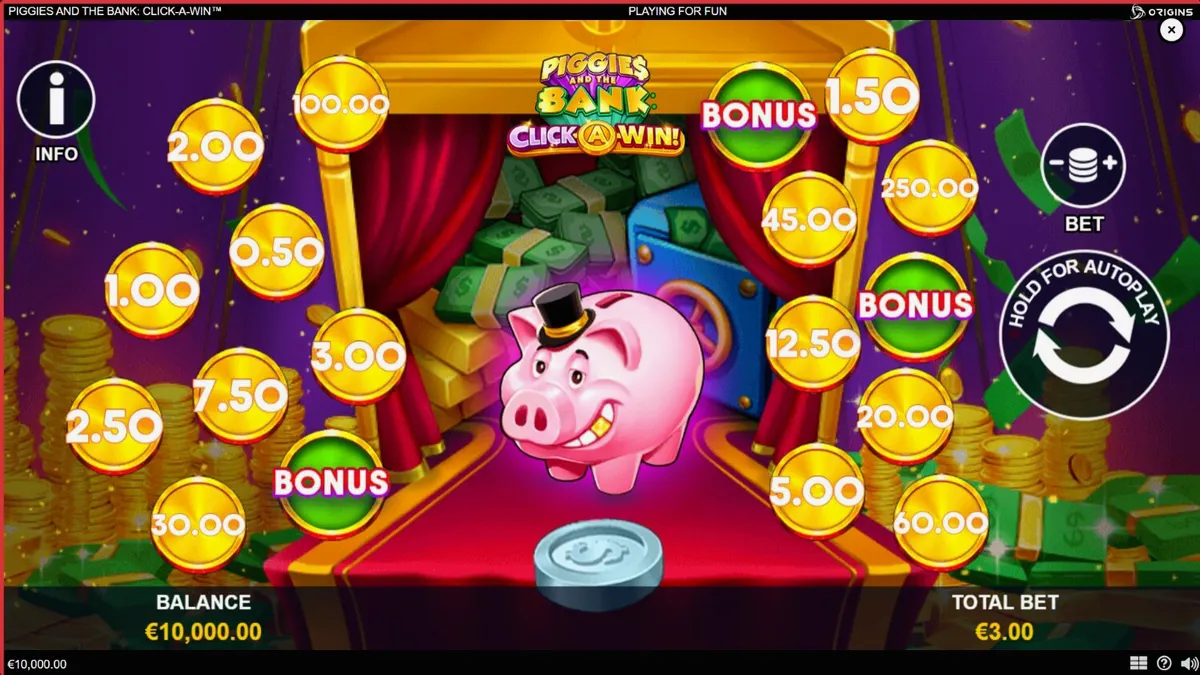 Tampilan antarmuka permainan slot Piggies and the Bank: Click-A-Win dengan tema babi mewah